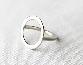 May include: A silver-toned ring featuring a prominent, flat, circular open-frame design attached to a thin, smooth band. The metal surface has a polished finish that reflects light, creating a clean, geometric aesthetic for this finger accessory.