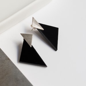 Statement geometric earrings, Triangle silver and black studs, Cool personalizable minimalist gift for her,  Modern contemporary jewelry