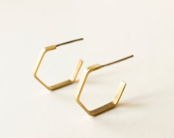 Geometric hexagonal brass hoop earrings, Contemporary minimalist earrings architecture lovers, Avant garde and cool architect gift for her