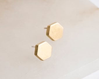 Geometric hexagonal earrings, Honeycomb matte brass small studs, Minimalist contemporary jewelry
