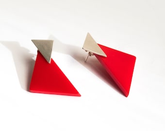 Pop art red asymmetrical earrings, Minimal triangle sterling silver earrings, Retro 80s style personalized jewelry for women, Gift for her