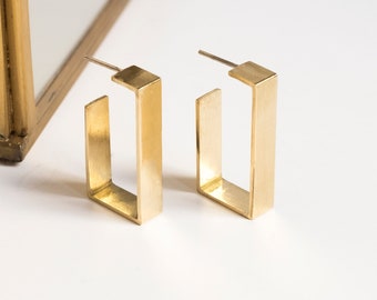 Architectural brass geometric earrings, Avant garde rectangular hoop earrings, , Minimalist contemporary jewelry, Architect Gift for her