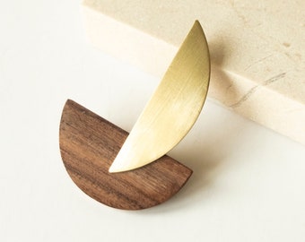 Bauhaus Brass & Wood Brooch | Geometric Abstract Pin | Moholy Inspired Contemporary Jewelry
