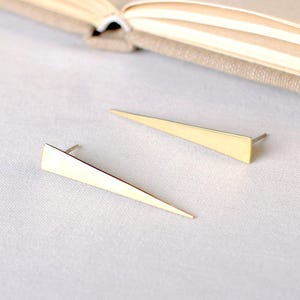Long Triangle Stud Earrings | Geometric Brass Spike Earrings | Minimalist Architectural Jewelry | Statement Studs