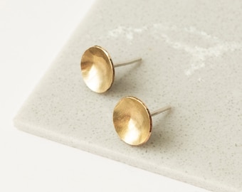 Minimalist Circle Earrings, Cool Domed Brass Studs, Brushed Golden Matte Earrings, Contemporary Jewelry, Unusual Gift for Her