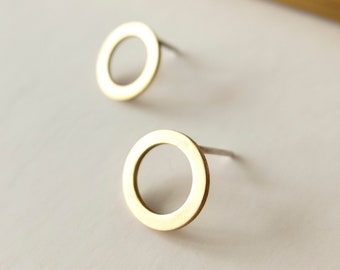 Small front circle hoop earrings, Tiny brass earrings for women, Minimalist contemporary jewelry, Unusual gift for her, Handmade accessory