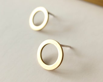 Small circle brass earrings, Minimalist geometric jewelry, Unusual modern gift for her