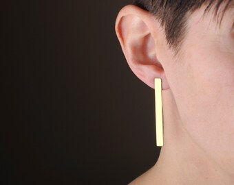 Lange koperen architecturale oorbellen, ongebruikelijke geometrische platte bar oorbellen, handgemaakte sieraden cadeau voor haar, avant-garde hedendaagse sieraden