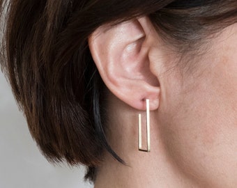 Rectangular Hoop Earrings | Minimalist Brass Earrings | Architectural Geometric Jewelry | Contemporary Hoops