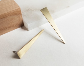 Long Brass Triangle Earrings | Geometric Minimalist Studs | Architectural Contemporary Jewelry