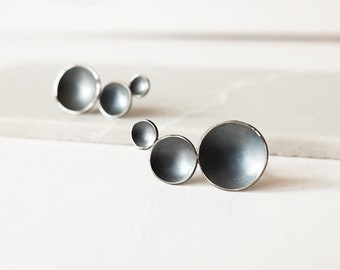 Minimalist black silver earrings, Unique asymmetrical gothic studs, Unusual abstract contemporary jewelry, Avant garde cool gift for her,