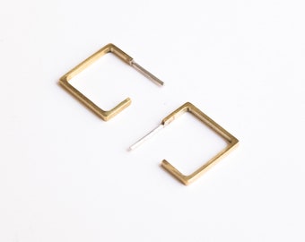 Brass square hoop earrings, Thin gold earlobe studs, Geometric architect gift for her, Unusual contemporary jewelry, Avant garde earrings