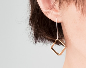 Minimalist square long threader earrings,  Architect gift for her, Brass and silver contemporary jewelry