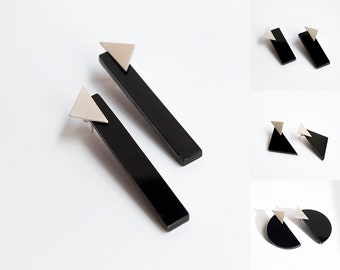 Black long earrings, Asymmetric silver triangle and acrylic rectangle, Personalized geometric earrings, Cool plexiglas elegant jewelry