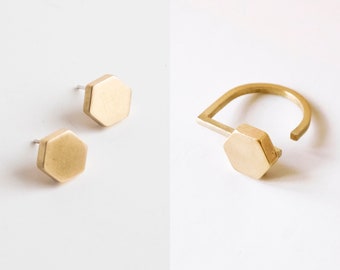 Coole sechseckige Ohrringe und Ring-Set, Waben-Ohrstecker, geometrisches minimalistisches Schmuckset für Frauen, cooles ungewöhnliches Architektengeschenk für sie