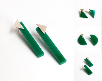 Bauhaus groene en zilveren oorbellen, architecturale avant-garde oorbellen, ongebruikelijke hedendaagse sieraden, gepersonaliseerd modern cadeau voor architect