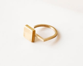 Adjustable Square brass ring for women, Matte Golden geometric ring, Architectural asymmetrical ring, Contemporary jewelry, Gift for her