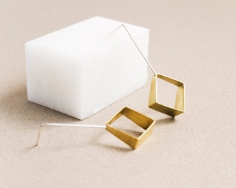 Geometrische threader oorbellen, lange vierkante koperen oorbellen, minimalistische bungelen oorbellen, architect cadeau voor haar, avant-garde abstracte sieraden