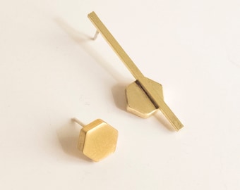 Geometric mismatched brass earrings for women, Asymmetric Mix and Match Stud earrings, Minimalist contemporary jewelry, Unusual Gift for Her