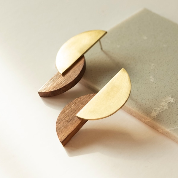 Avant garde Bauhaus earrings, Brass and wood asymmetrical studs, Contemporary jewelry, Abstract art earrings, Cool architect Gift for her