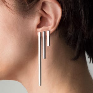 Zilveren staafoorbellenset | Extra lange, lange en korte oorbellen | Minimalistische architectonische sieraden