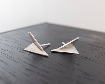 Silver paper airplane mens earrings, Cool origami male jewelry, Unique stud earrings, Unusual gift for him, Modern contemporary jewelry