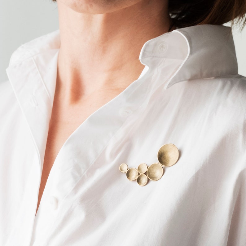 Contemporary brooch, Circles shawl pin, Organic jewelry, Modern statement brooch, Original accessory, Geometric gold brooch, Brass jewelry image 1