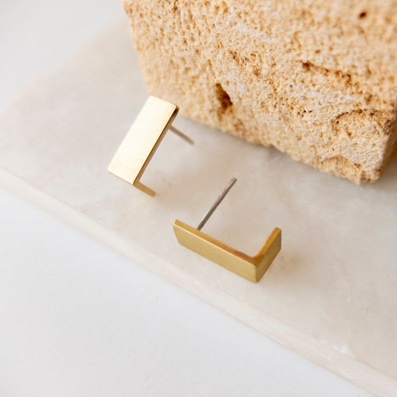 Matte Brass Geometric Earrings, Cool Minimalist Earrings for Women, Architectural jewelry, Rectangular Stud Earrings image 2