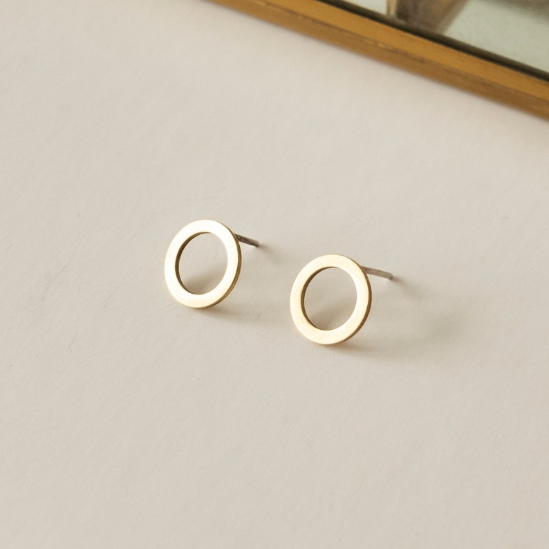 Small front circle hoop earrings, Tiny brass earrings for women, Minimalist contemporary jewelry, Unusual gift for her, Handmade accessory image 6