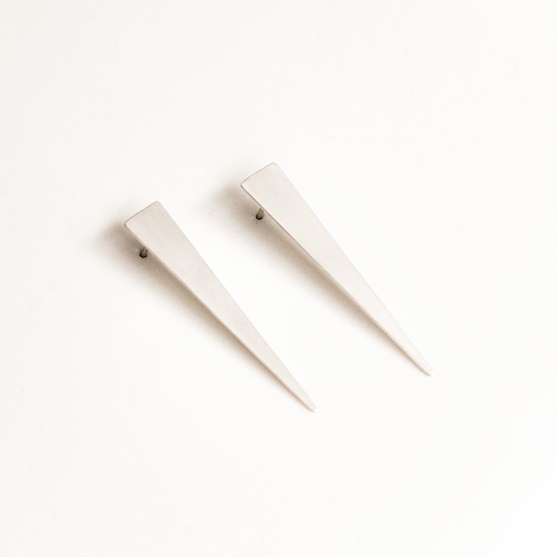 Matte silver punk earrings, Cool 80s long spike earrings, Unusual minimalist triangle studs, Contemporary jewelry, Unique gift for her image 4