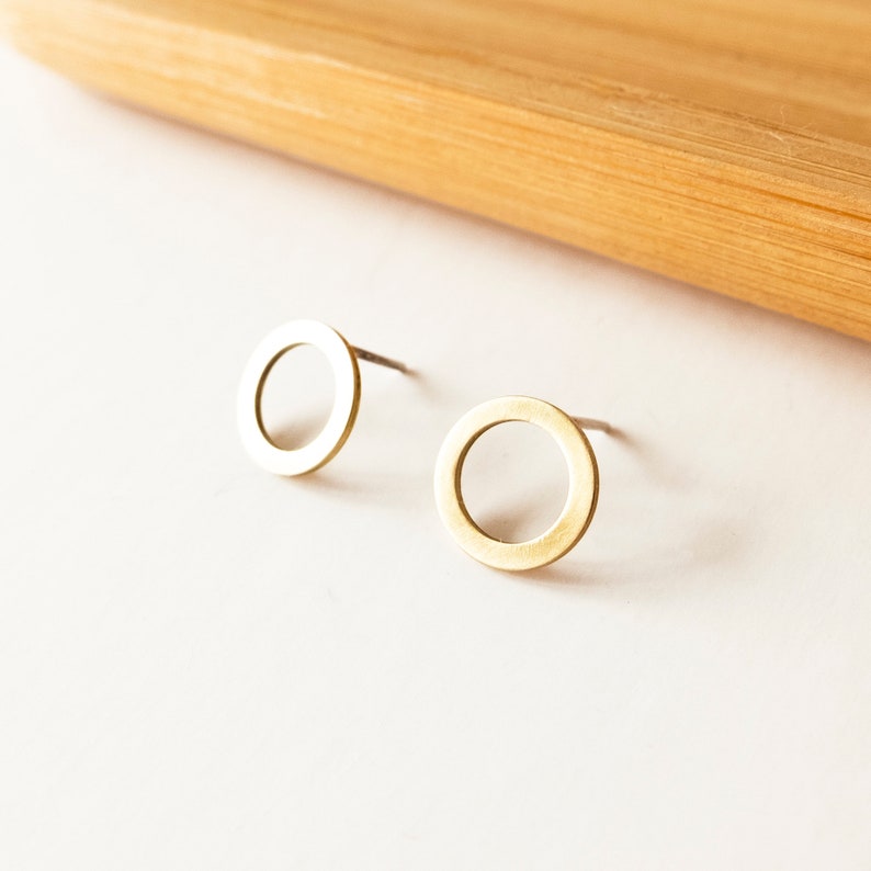 Small front circle hoop earrings, Tiny brass earrings for women, Minimalist contemporary jewelry, Unusual gift for her, Handmade accessory image 9