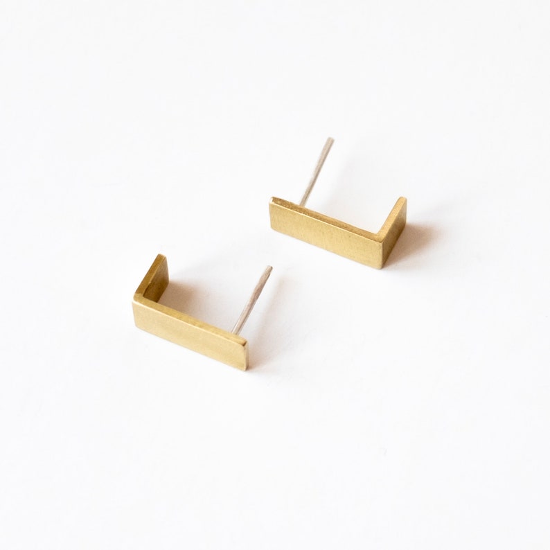 Matte Brass Geometric Earrings, Cool Minimalist Earrings for Women, Architectural jewelry, Rectangular Stud Earrings image 4