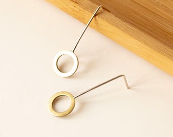 Architectural Dangle Earrings Brass Circle | Geometric Long Minimal Earrings | Contemporary Art Jewelry