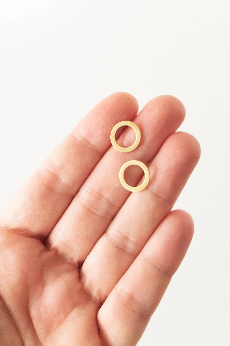 Small front circle hoop earrings, Tiny brass earrings for women, Minimalist contemporary jewelry, Unusual gift for her, Handmade accessory image 3