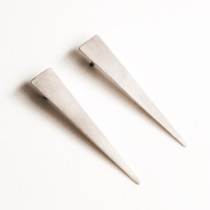 Matte silver punk earrings, Cool 80s long spike earrings, Unusual minimalist triangle studs, Contemporary jewelry, Unique gift for her image 7