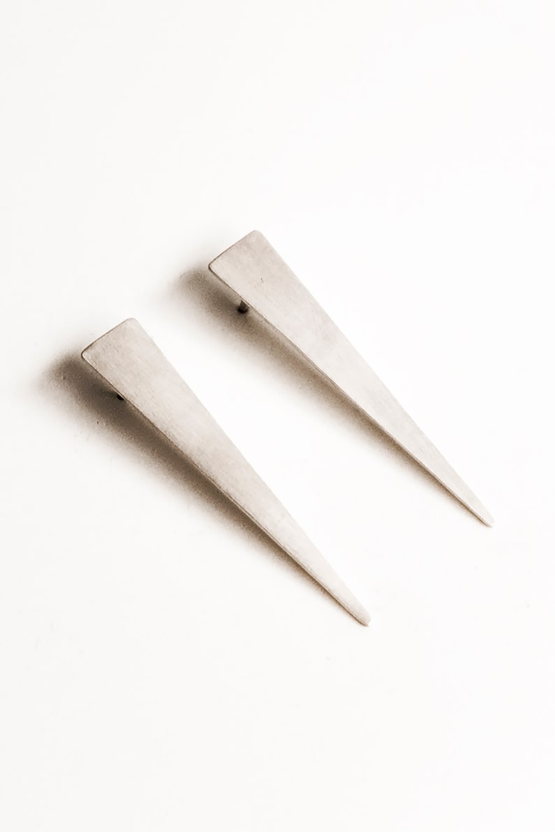 Matte silver punk earrings, Cool 80s long spike earrings, Unusual minimalist triangle studs, Contemporary jewelry, Unique gift for her image 7