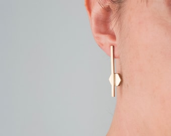 Minimalist architectural earrings | Hexagon and bar composition | Sculptural geometric studs | Bauhaus inspired brass jewelry