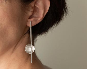 Bauhaus Circle and Bar Earrings | Long Silver Asymmetrical Earrings | Minimalist Architectural Jewelry
