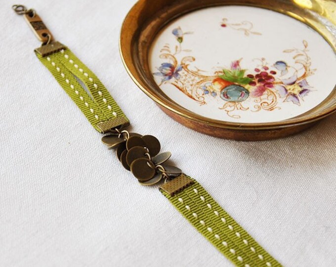 Army Green Bracelet Antique Goldplated Brass Charms and Double Green