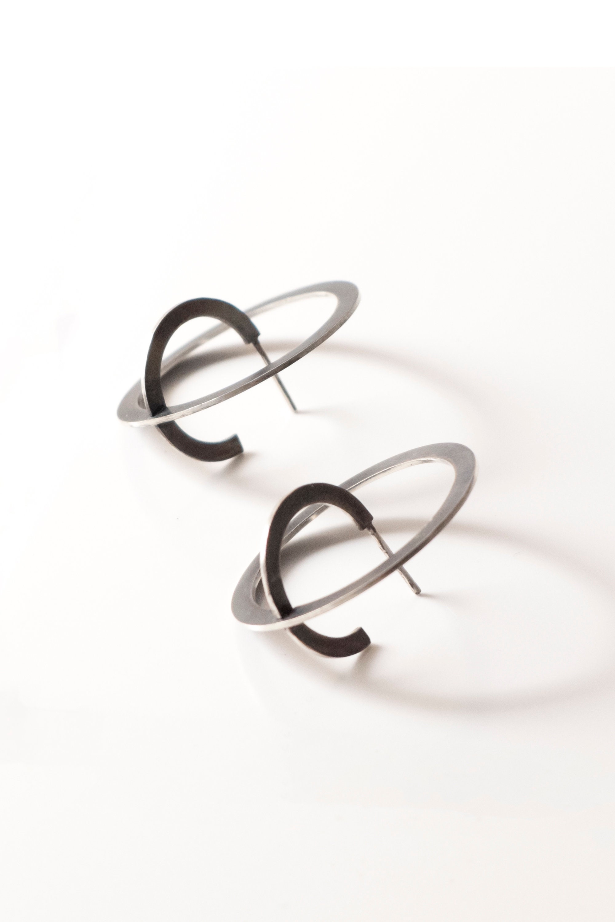 Black oxidized sterling silver earrings, Dark gothic earrings, Avant garde statement hoops, Contemporary jewelry, Cool unusual gift for her