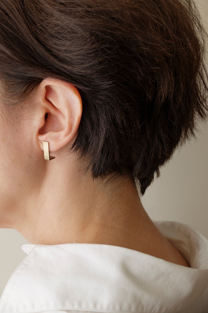 Matte Brass Geometric Earrings, Cool Minimalist Earrings for Women, Architectural jewelry, Rectangular Stud Earrings image 8