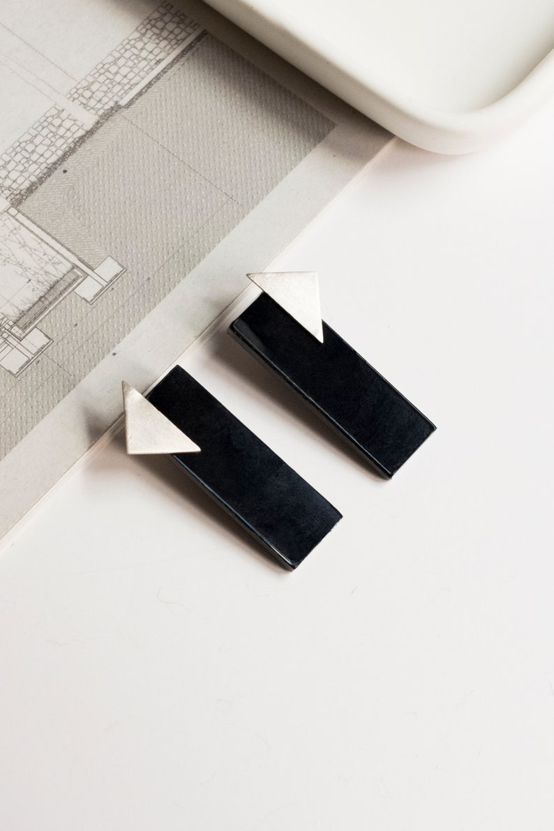 Black and silver geometric earrings, minimalist earrings, Architectural gift for her, Unusual contemporary jewelry, Personalized jewelry image 1