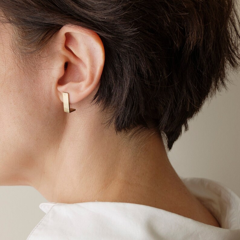 Matte Brass Geometric Earrings, Cool Minimalist Earrings for Women, Architectural jewelry, Rectangular Stud Earrings image 1