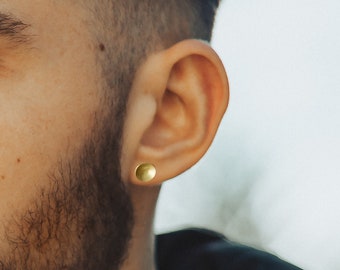 Matte brass male earrings, Geometric unusual gift for him, Circle men&#39;s earrings, Unisex cool studs,  Golden minimalist accessory for men