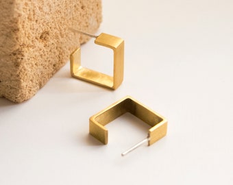 Square hoop earrings, Brass thick gold hoops, Geometric Architectural earrings, Unusual contemporary jewelry, Architect gift for her