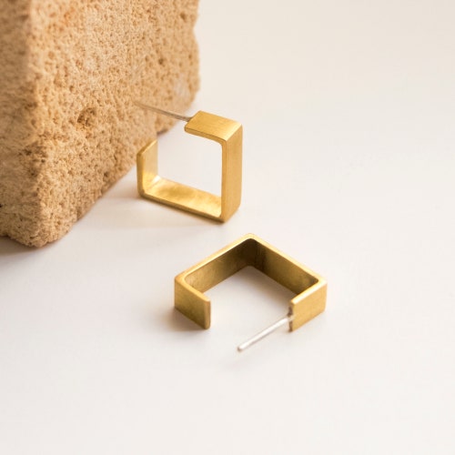 Square Hoop Earrings Brass Thick Gold Earlobe Studs Etsy
