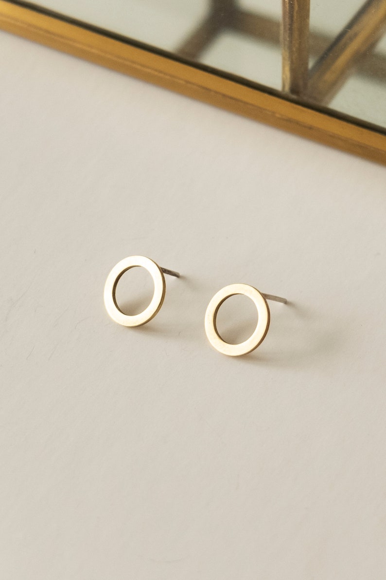 Small front circle hoop earrings, Tiny brass earrings for women, Minimalist contemporary jewelry, Unusual gift for her, Handmade accessory image 8