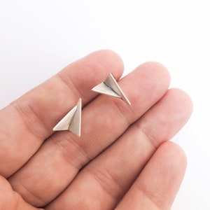 Silver paper airplane earrings, Origami paper plane jewelry, Cute origami design, Abstract asymmetrical studs, Cool architect gift for her
