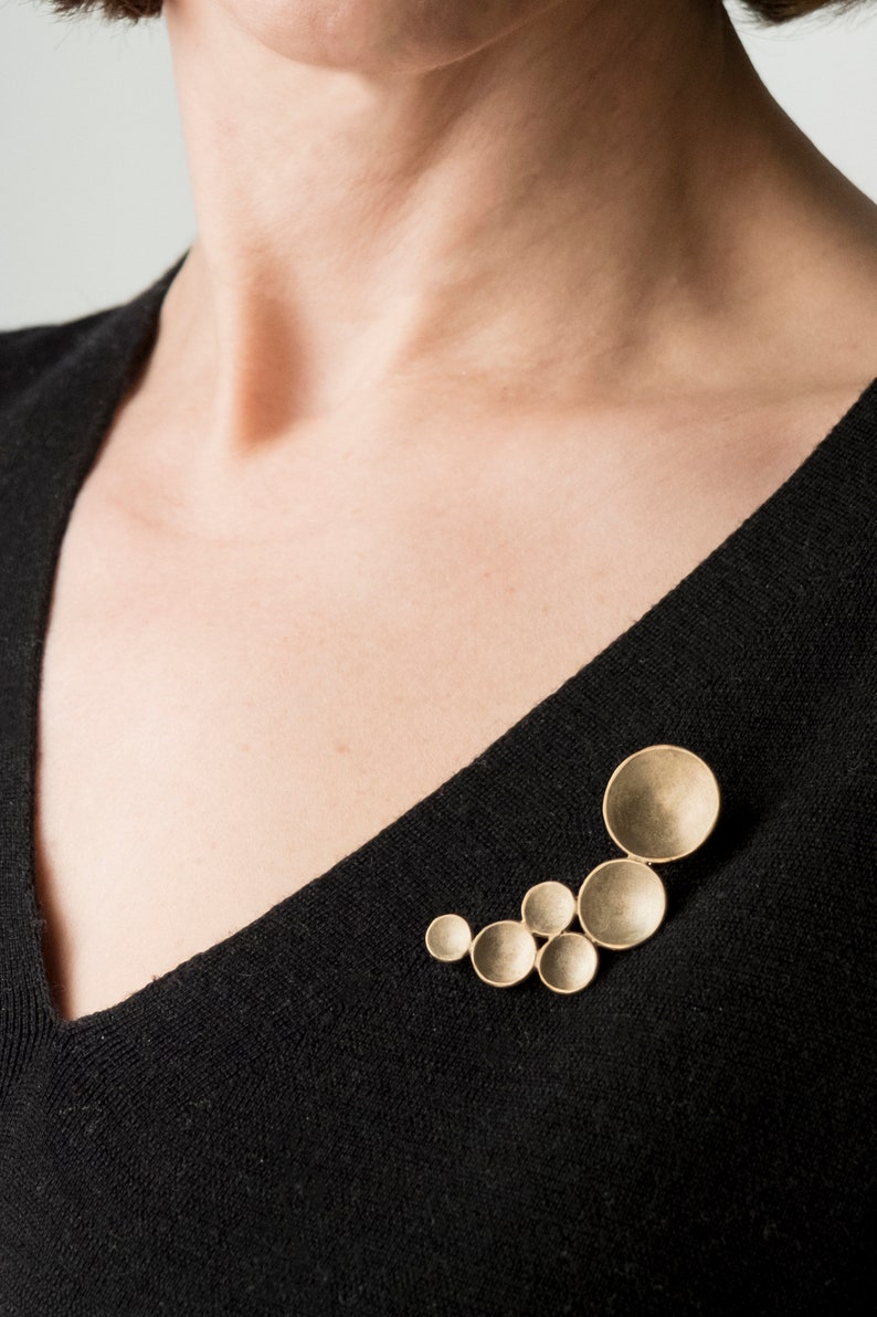 Contemporary brooch, Circles shawl pin, Organic jewelry, Modern statement brooch, Original accessory, Geometric gold brooch, Brass jewelry image 6