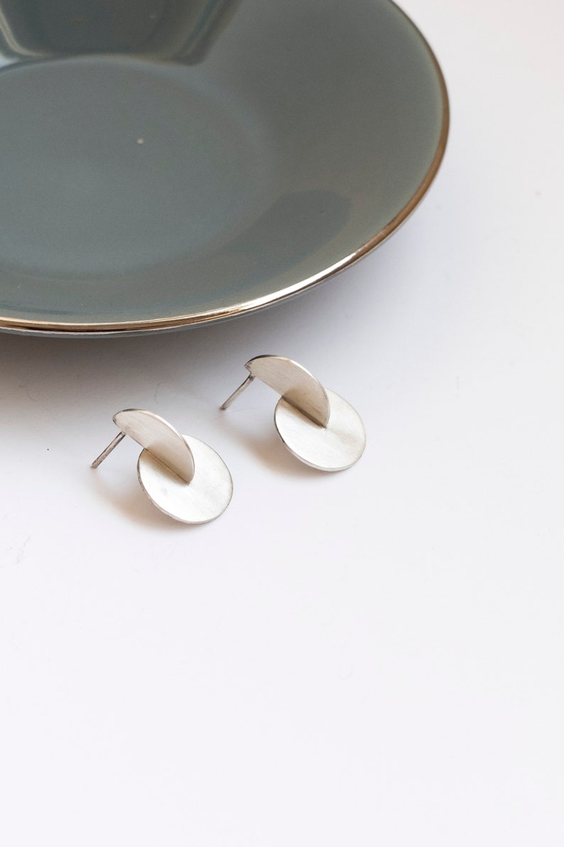 Geometric matte sterling silver earrings, Architectural contemporary jewelry, Industrial style cool studs, Minimalist handmade gift for her image 6